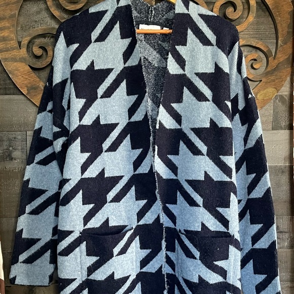 Cardigan Sweater Long Blue North Style Warm Soft Cozy Aztec Duster - Picture 6 of 15